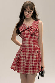 Red Check Floral Bow Vest Dress - My Store