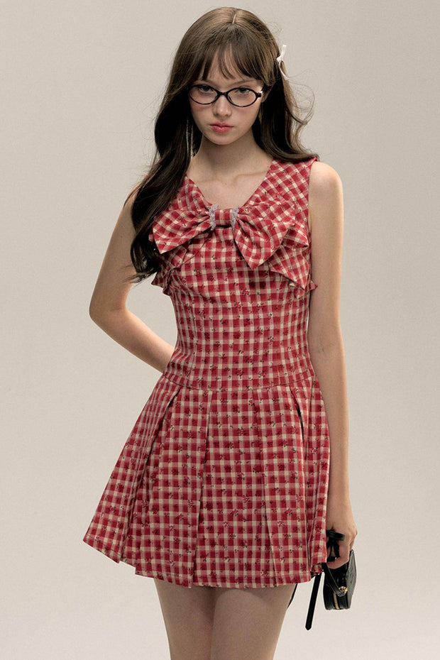 Red Check Floral Bow Vest Dress - My Store