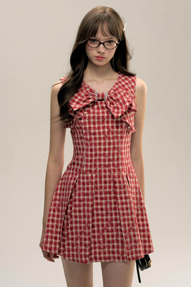 Red Check Floral Bow Vest Dress - My Store