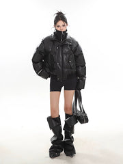 Faux Leather Puffer Jacket with Zipped Knit Turtleneck