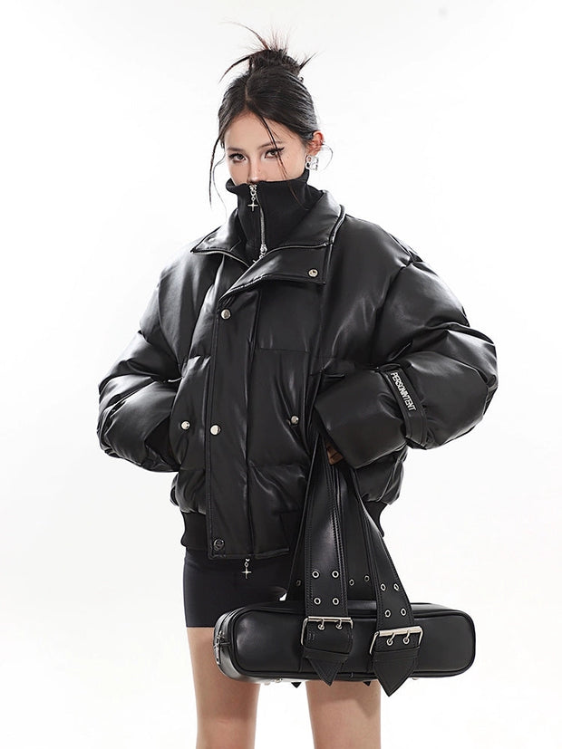 Faux Leather Puffer Jacket with Zipped Knit Turtleneck