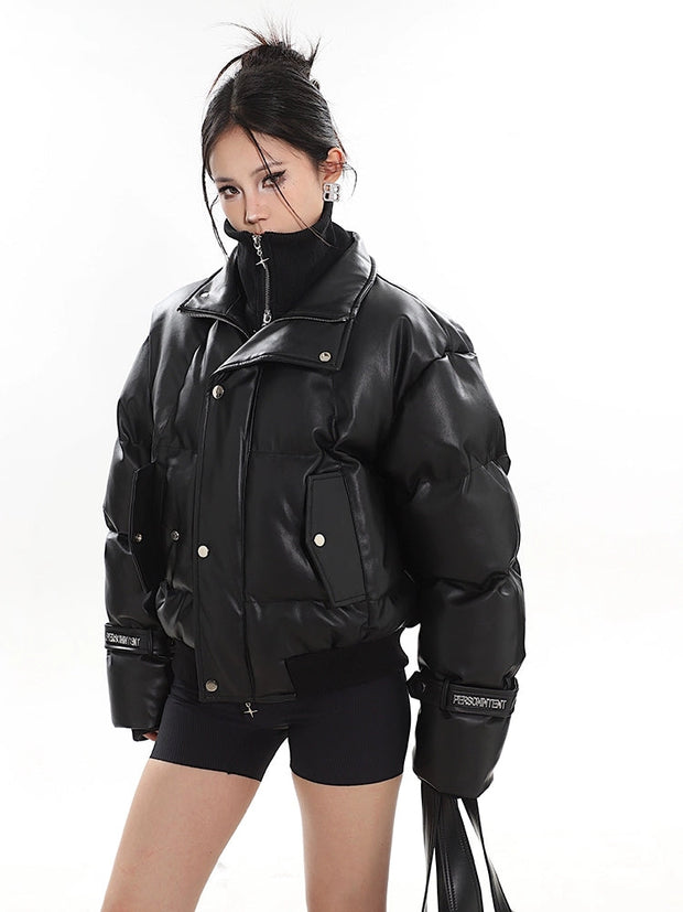 Faux Leather Puffer Jacket with Zipped Knit Turtleneck