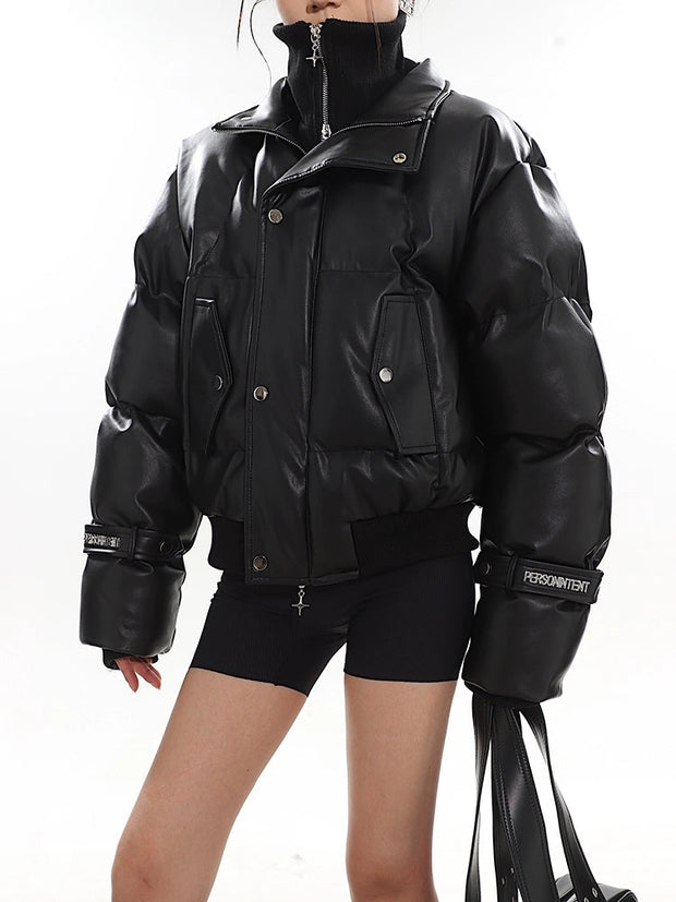 Faux Leather Puffer Jacket with Zipped Knit Turtleneck