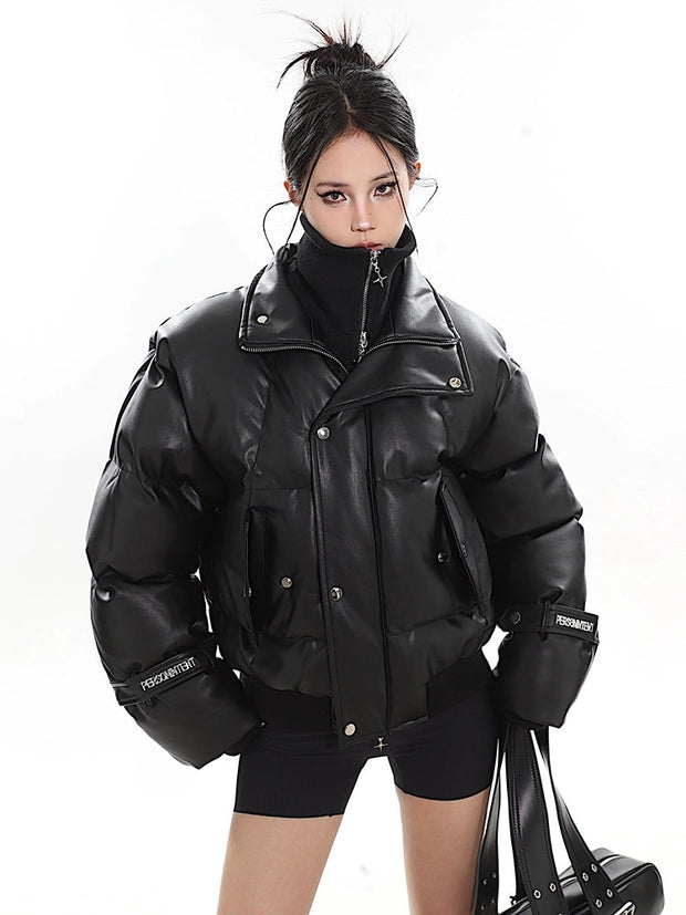 Faux Leather Puffer Jacket with Zipped Knit Turtleneck