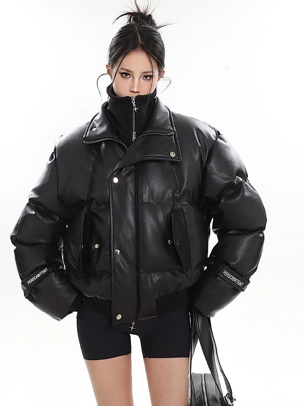 Faux Leather Puffer Jacket with Zipped Knit Turtleneck