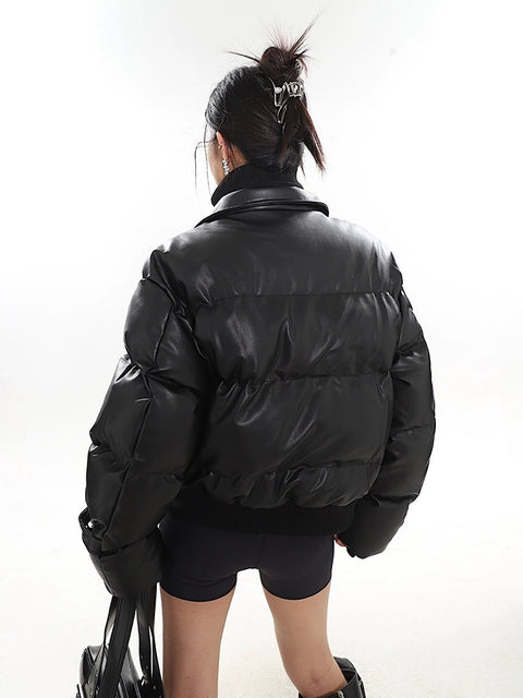 Faux Leather Puffer Jacket with Zipped Knit Turtleneck