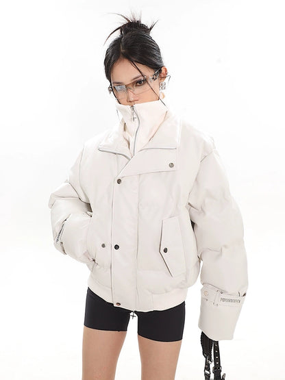 Faux Leather Puffer Jacket with Zipped Knit Turtleneck