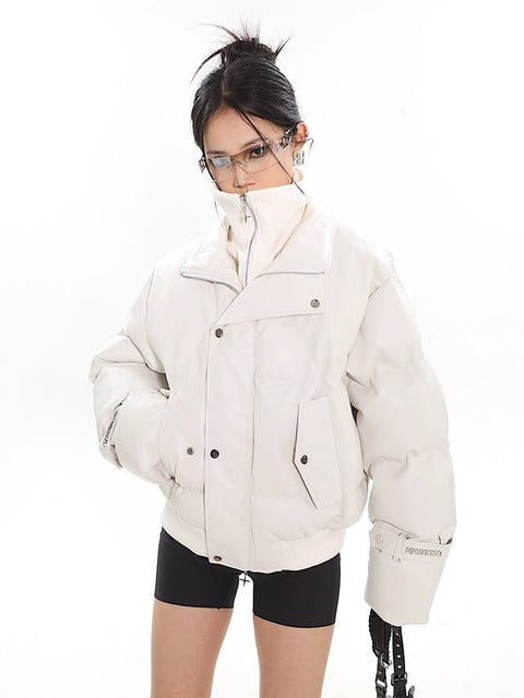 Faux Leather Puffer Jacket with Zipped Knit Turtleneck