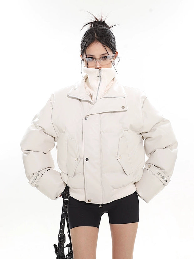 Faux Leather Puffer Jacket with Zipped Knit Turtleneck