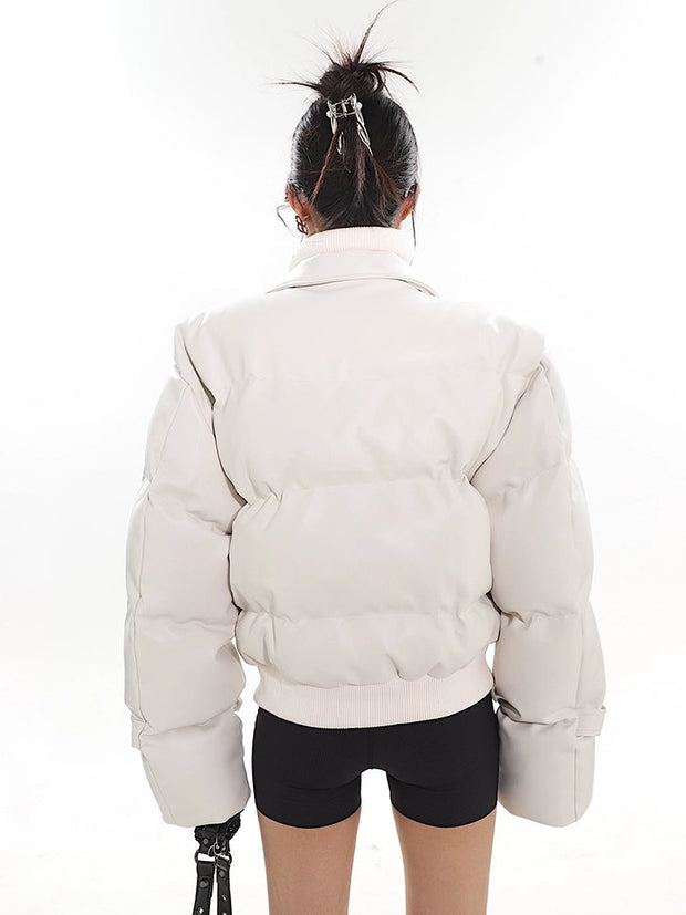 Faux Leather Puffer Jacket with Zipped Knit Turtleneck