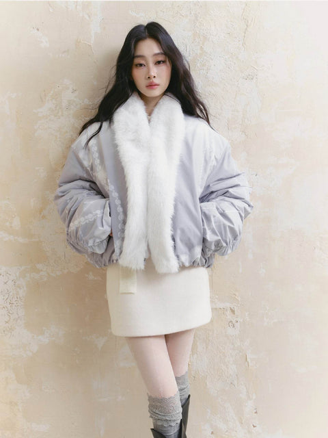 Pearl Design Fur Collar Cotton Jacket - My Store