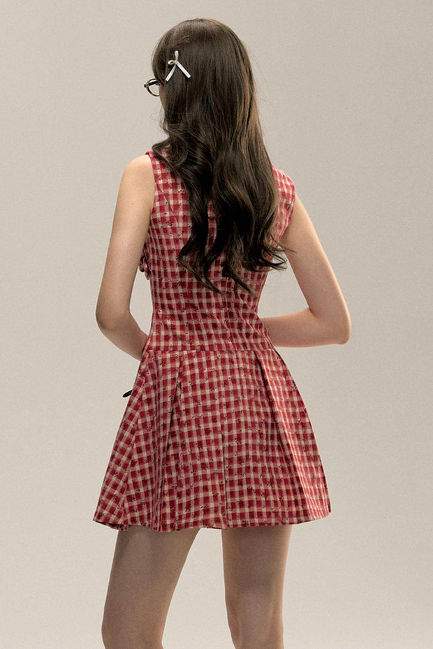 Red Check Floral Bow Vest Dress - My Store