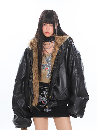 Reversible Fur Hooded Leather Jacket