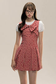 Red Check Floral Bow Vest Dress - My Store