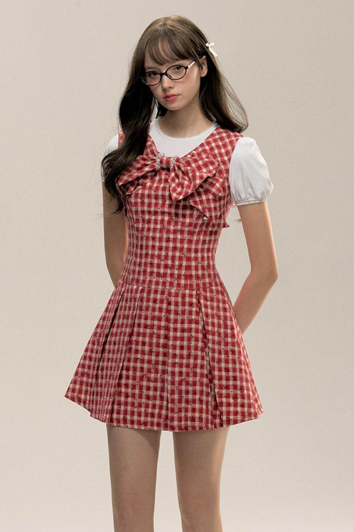 Red Check Floral Bow Vest Dress - My Store