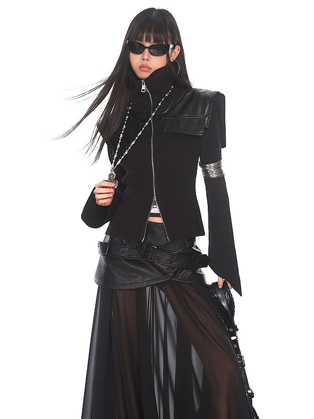 Zipper Knitted Leather Top/Mesh Leather Long Skirt