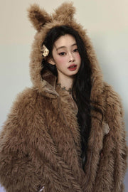 Rabbit Fur Hooded Plush Coat - My Store