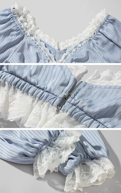 Lace Trim Lantern Sleeve Top & Shorts Set