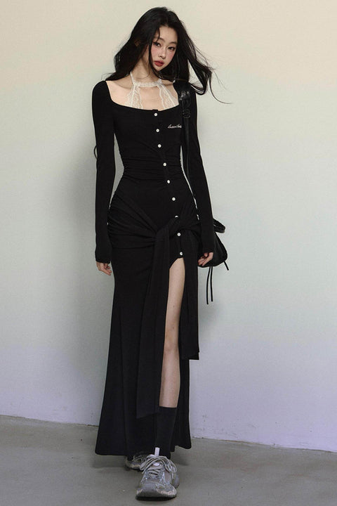 Royal Style Knitted Slit Long Dress - My Store