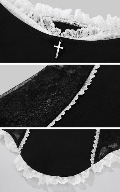 Lace-Trimmed Vest and Skirt Set with Cross Detail
