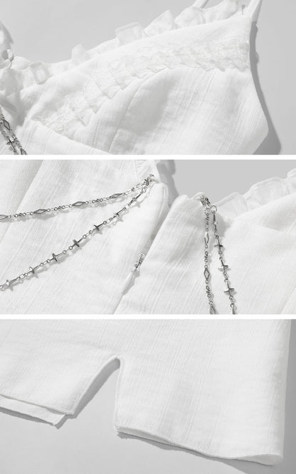 Cross Embroidered Chain-Trim Mini Dress