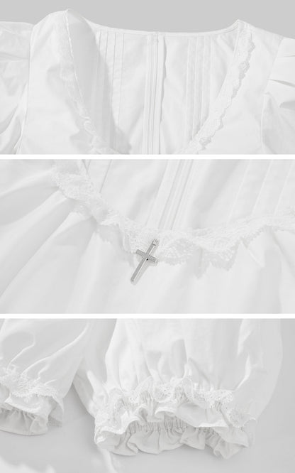 Lace-Trimmed Puff Sleeve Crop Top