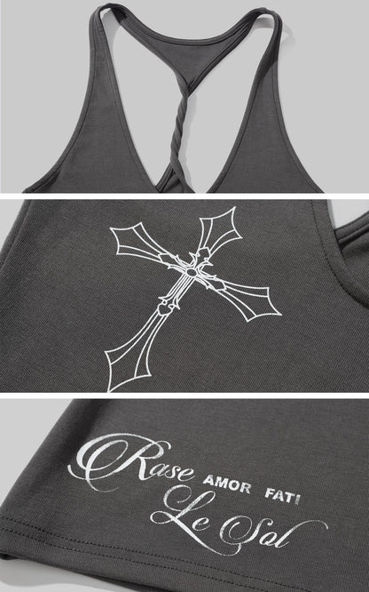 Cross-Print Twisted Back Tank Top