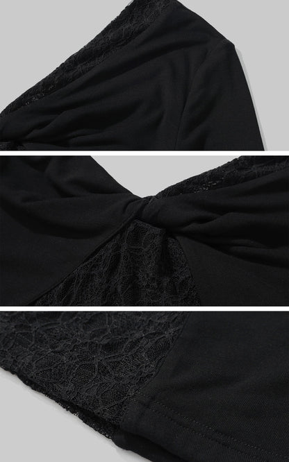 Lace and Mesh Panel Off-Shoulder Top