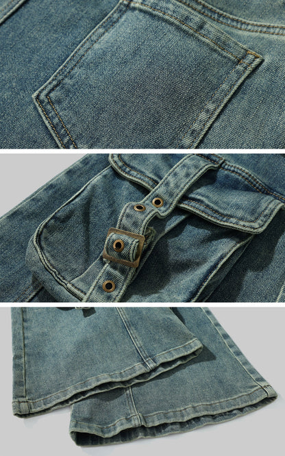 Multi-Pocket Distressed Flared Jeans