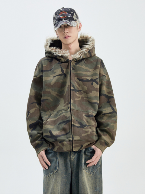 Fur Trim Camouflage Hoodie