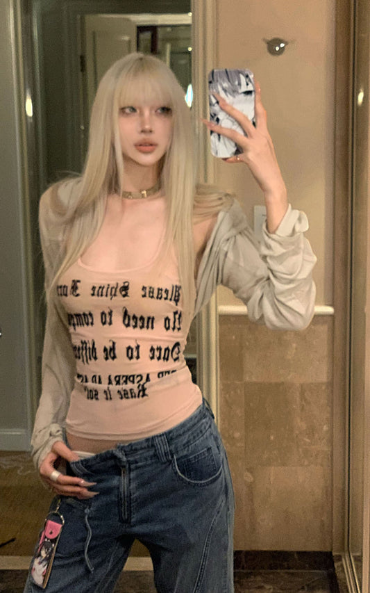 Lettering Mesh Tank Top & Bandeau Innerwear Set