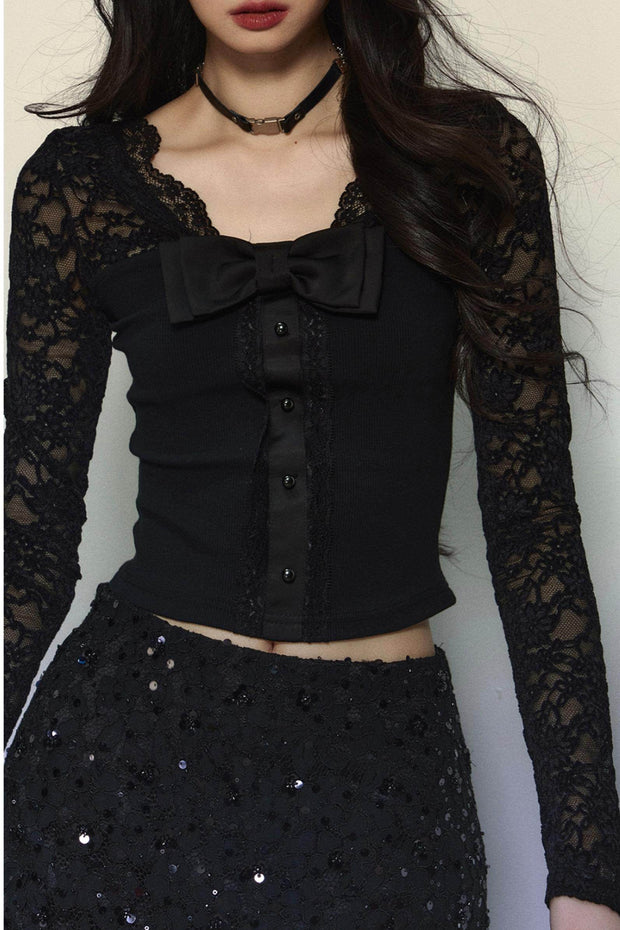 Slim Fit V-Neck Lace Cropped Top - My Store