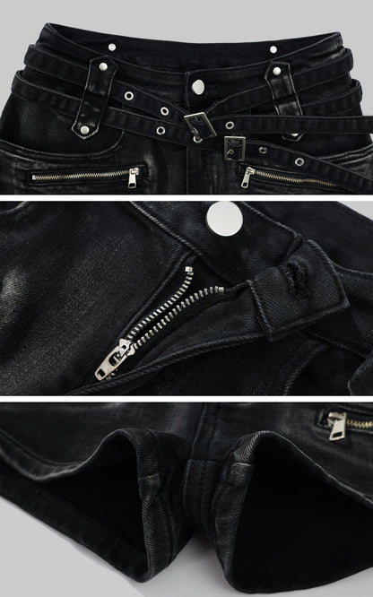 Multi-Belt Deconstructed Utility Denim Shorts