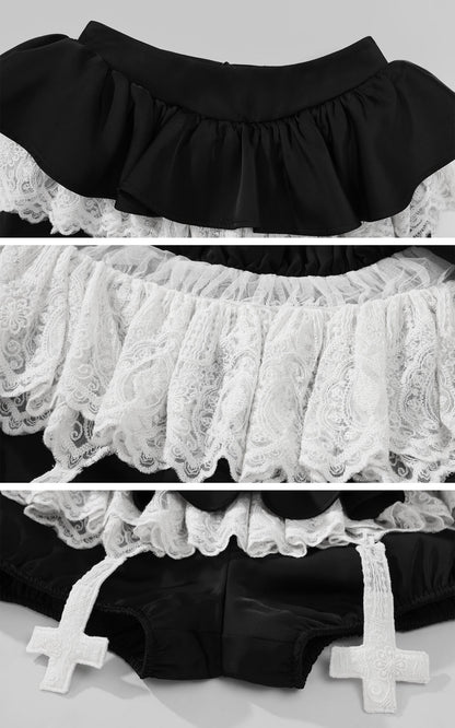 Lace-Trimmed Vest and Skirt Set with Cross Detail