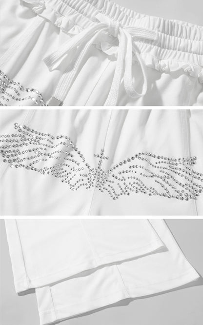 Rhinestone Wing Motif Wide-Leg Pants