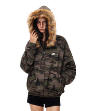 Camouflage Pattern Fur Collar Zip Jacket