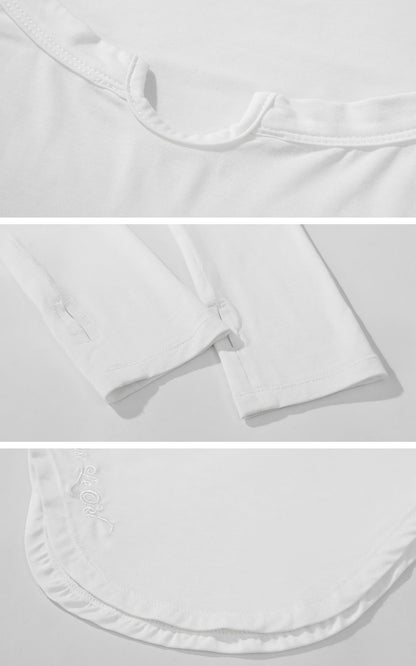 Cutout Neckline Curved Hem Long Sleeve Top