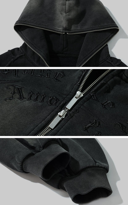 Graphic Distressed Zip Hoodie