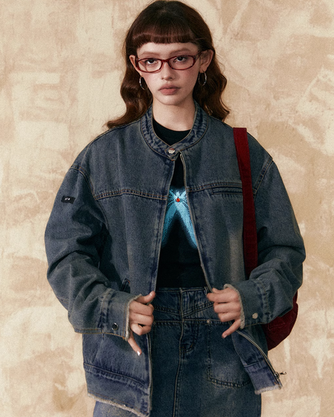 Collarless Denim Jacket