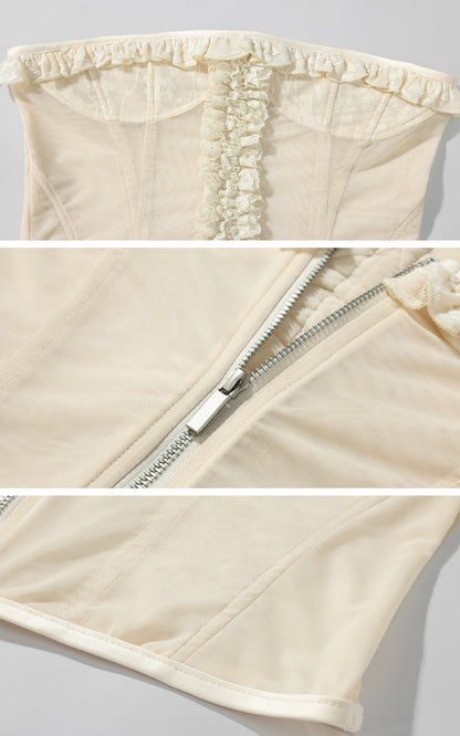 Sheer Mesh Corset Top with Ruffle Lace Trim