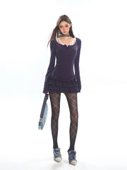 Tiered Ruffle Long Sleeve Mini Dress with Lace Trim