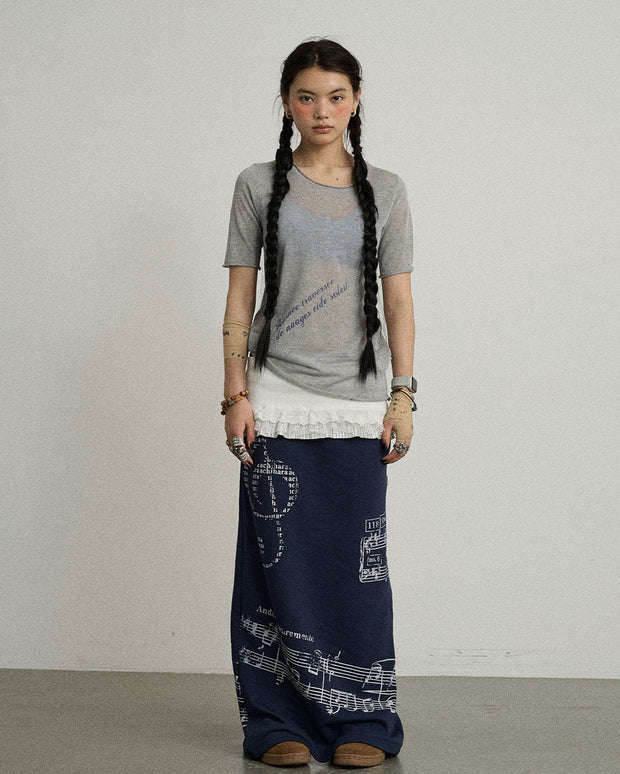 Music Note Pattern Banded Long Skirt (2color)