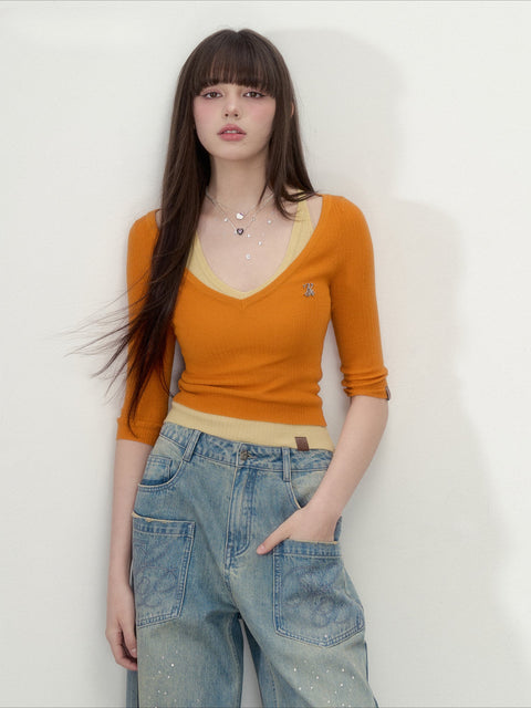 Knit V-neck 5/6 Sleeve Top