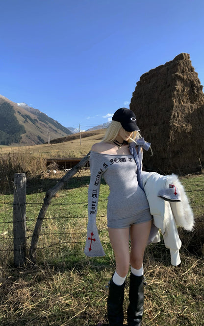 Off-Shoulder Gothic Printed Long-Sleeve Top