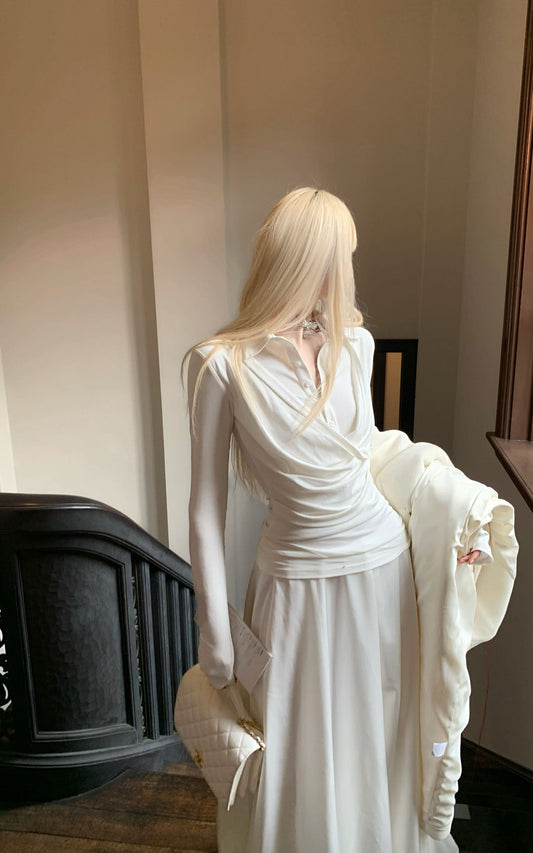 Draped Long-Sleeve Fitted T-Shirt