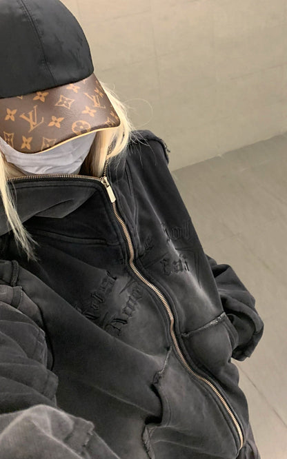Graphic Distressed Zip Hoodie