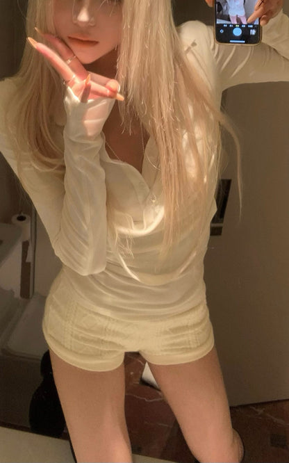 Draped Long-Sleeve Fitted T-Shirt