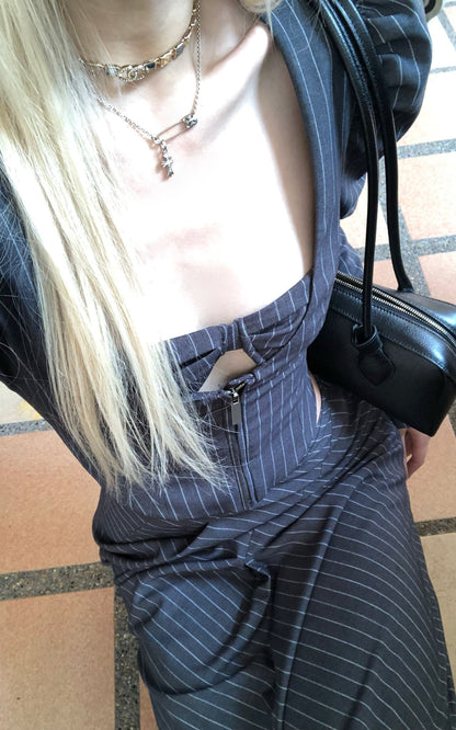 Striped Panel Blazer & High-Waisted Skirt Set