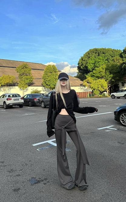 Gray Knot Detail High-Waisted Flared Pants