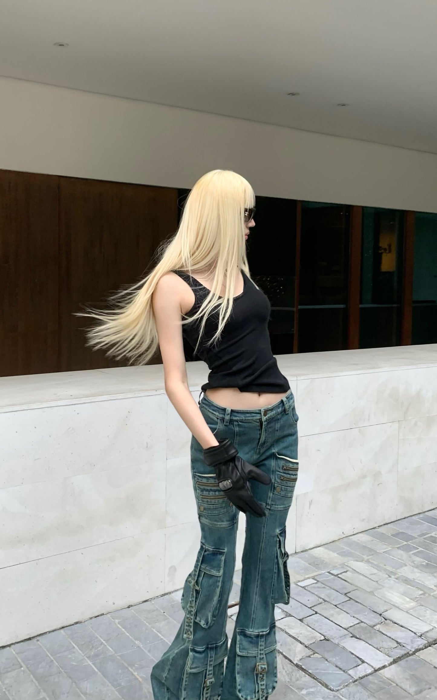 Multi-Pocket Distressed Flared Jeans